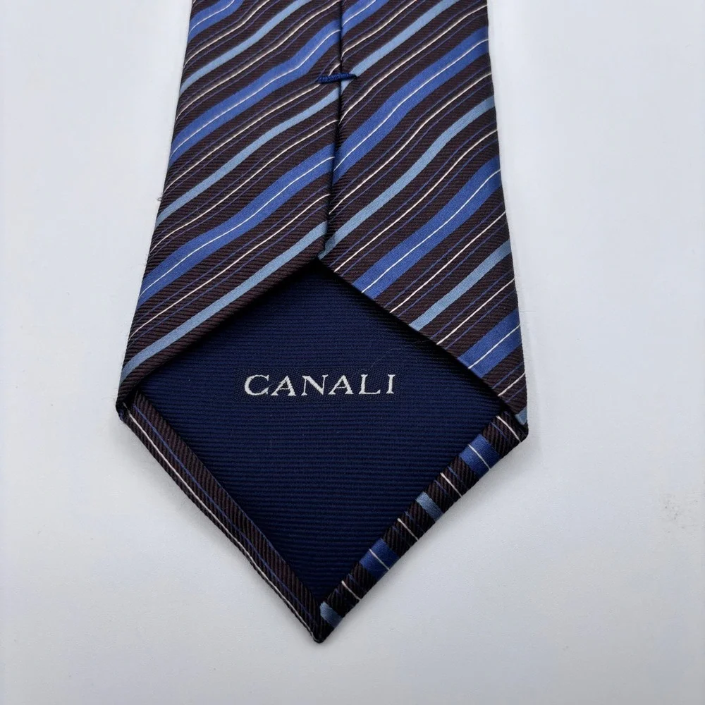 Canali Silk Tie Blue Brown Striped Faile Weave Italian Designer Business‎ Formal